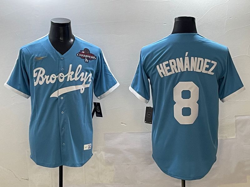 Men Los Angeles Dodgers #8 Hernandez Light Blue Throwback Game 2025 Nike MLB Jersey style 3061
